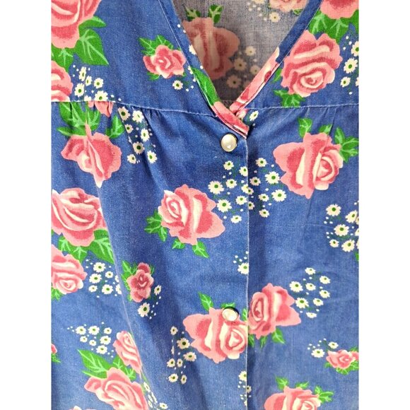 Vintage Womens Artist Smock Vest Blue Pink Roses Pearl Snap Pockets Moon Dance S - Picture 2 of 5